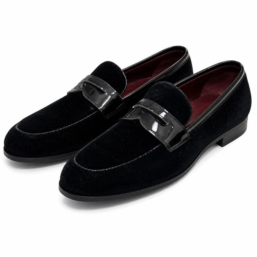 Dune London Men’s Velvet Penny Loafers Black Patent Trim NWOT Size 11